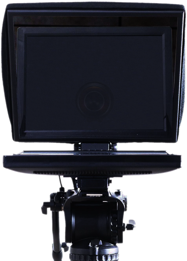 Professioneller Teleprompter für Events und Videoproduktionen mit laufendem Begrüßungstext